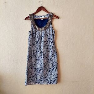 LOFT blue floral dress sleeveless with embellished gold sequin neckline Sz 6